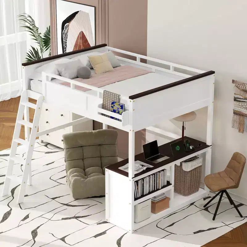 Whisen Queen Size Loft Bed with Desk,Open Shelf and a Storage Box,USB Charging Station - White