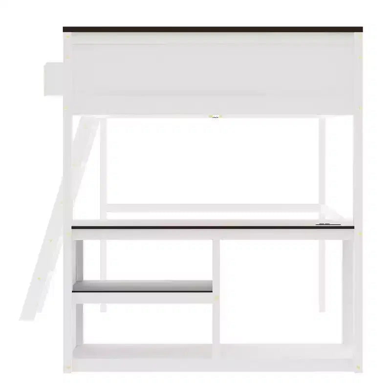 Lit mezzanine Queen Size avec bureau, étagère ouverte et boîte de rangement