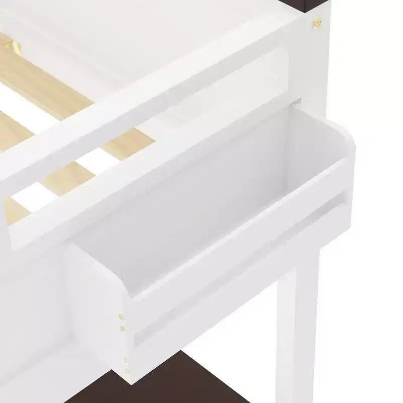 Lit mezzanine Queen Size avec bureau, étagère ouverte et boîte de rangement