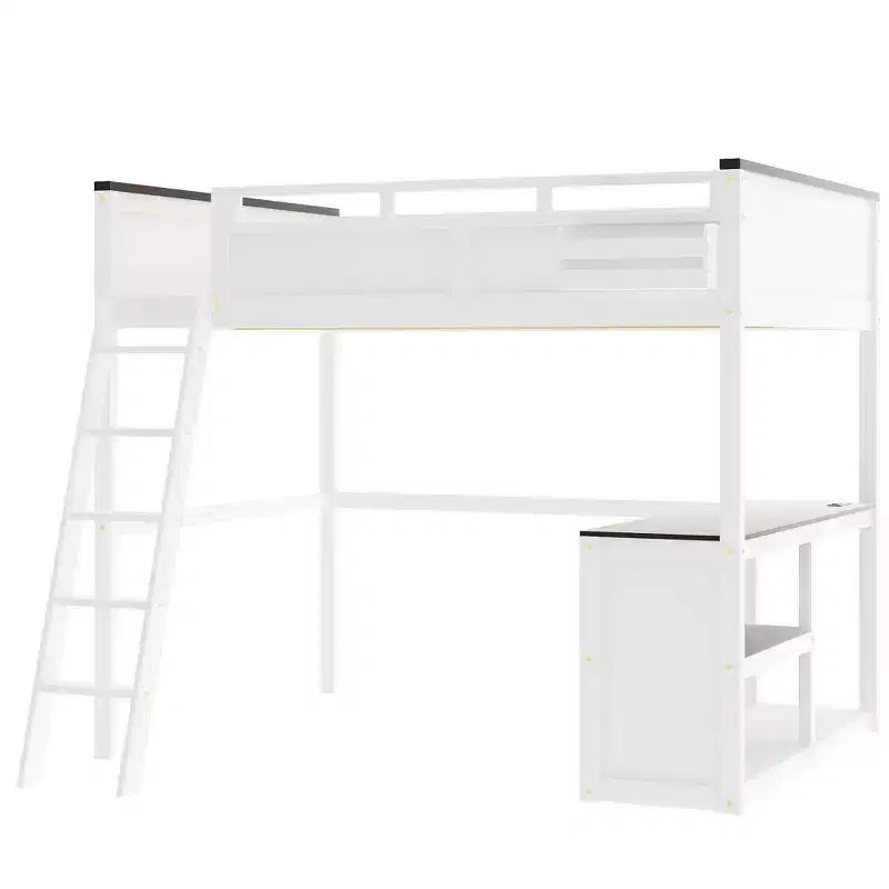 Lit mezzanine Queen Size avec bureau, étagère ouverte et boîte de rangement