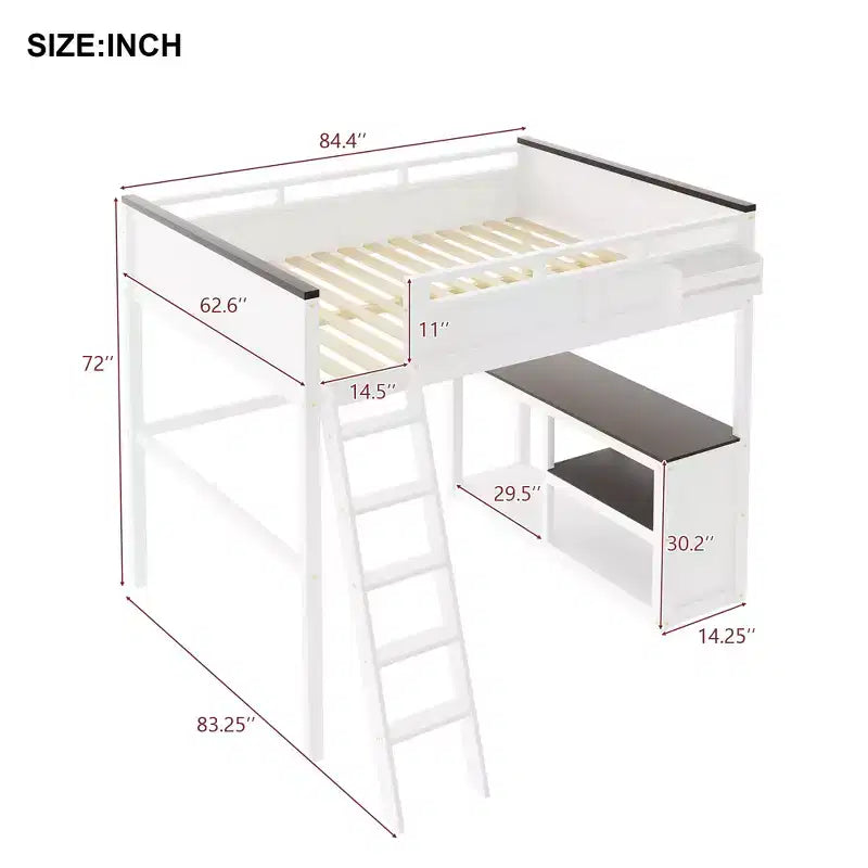 Lit mezzanine Queen Size avec bureau, étagère ouverte et boîte de rangement