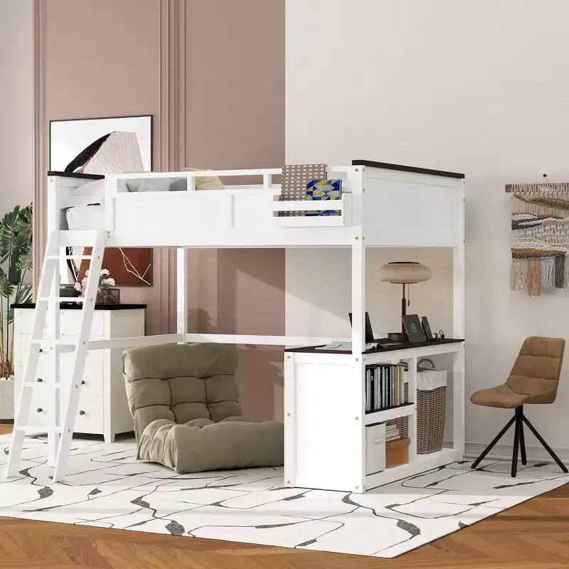 Lit mezzanine Queen Size avec bureau, étagère ouverte et boîte de rangement