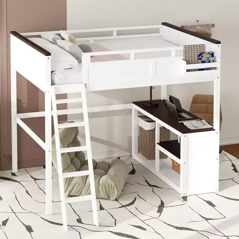 Lit mezzanine Queen Size avec bureau, étagère ouverte et boîte de rangement