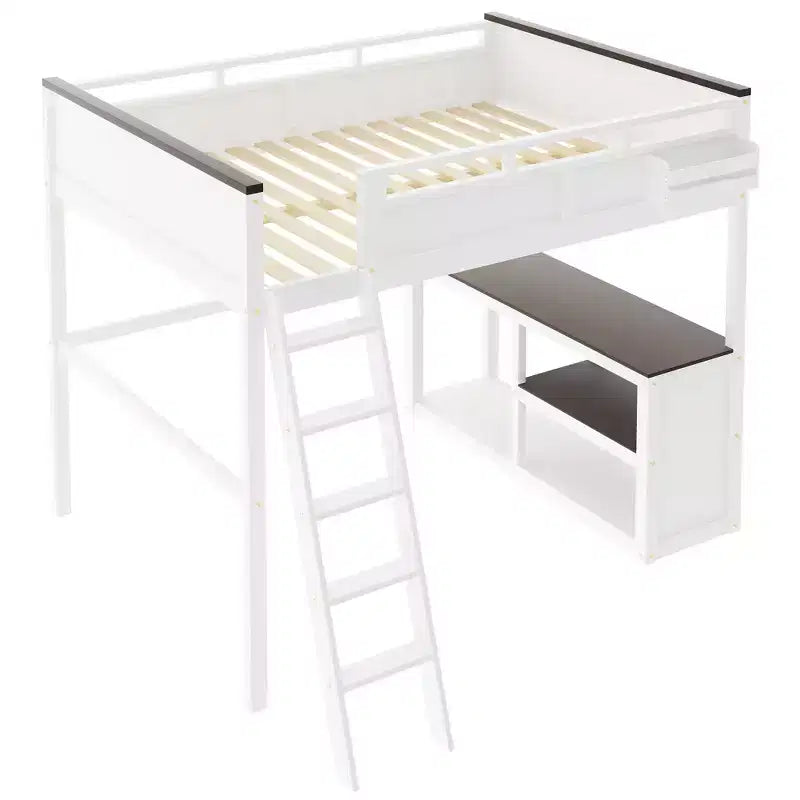 Lit mezzanine Queen Size avec bureau, étagère ouverte et boîte de rangement