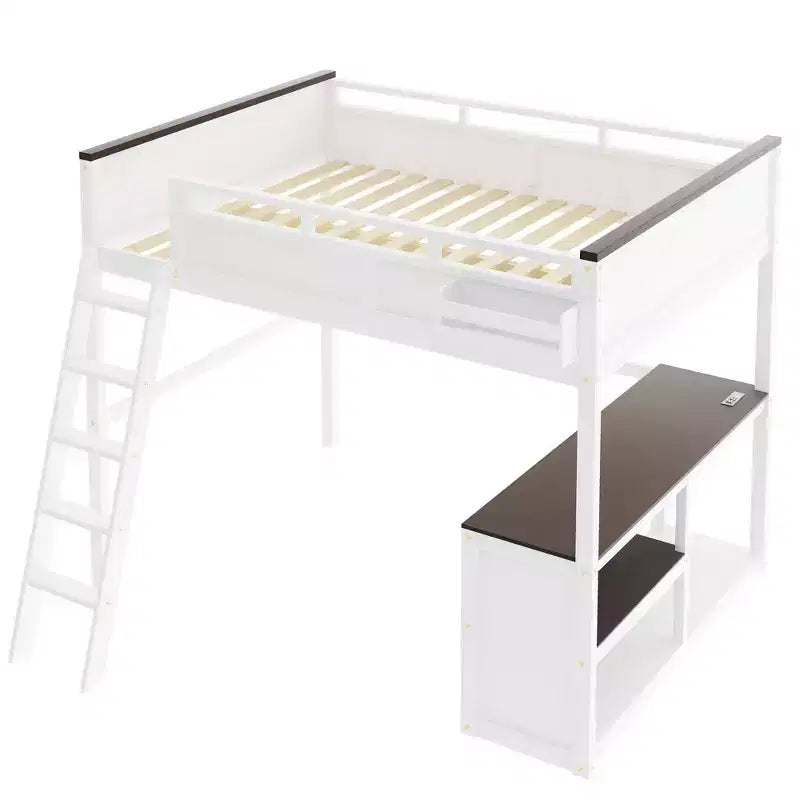 Lit mezzanine Queen Size avec bureau, étagère ouverte et boîte de rangement