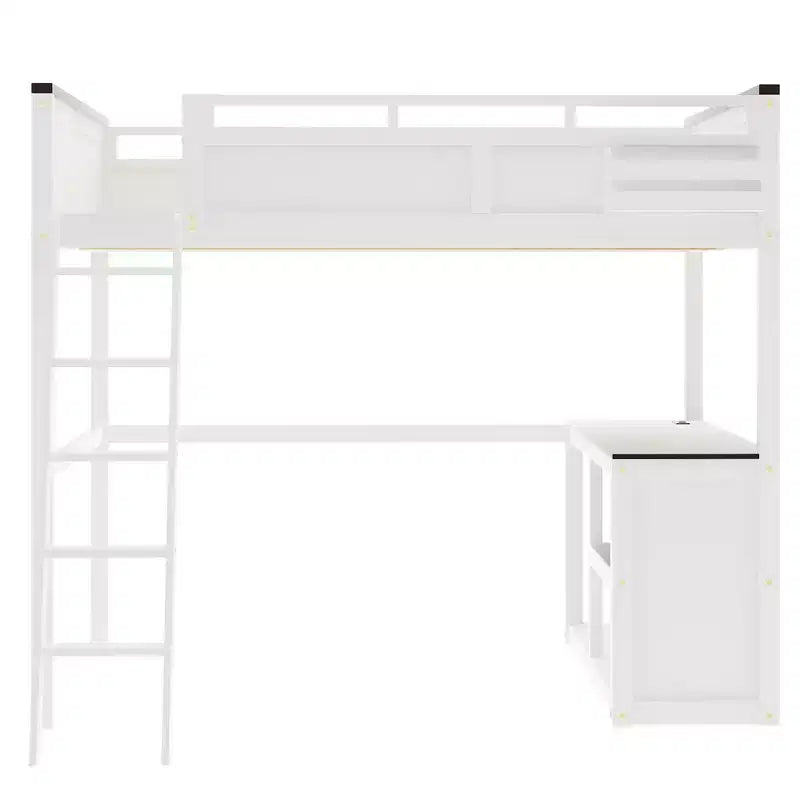 Lit mezzanine Queen Size avec bureau, étagère ouverte et boîte de rangement