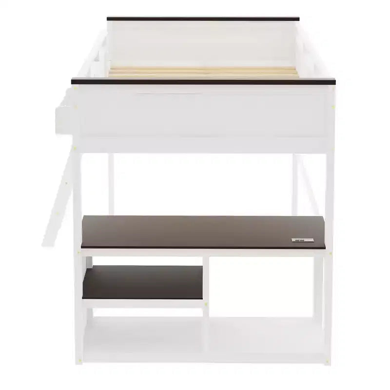 Lit mezzanine Queen Size avec bureau, étagère ouverte et boîte de rangement