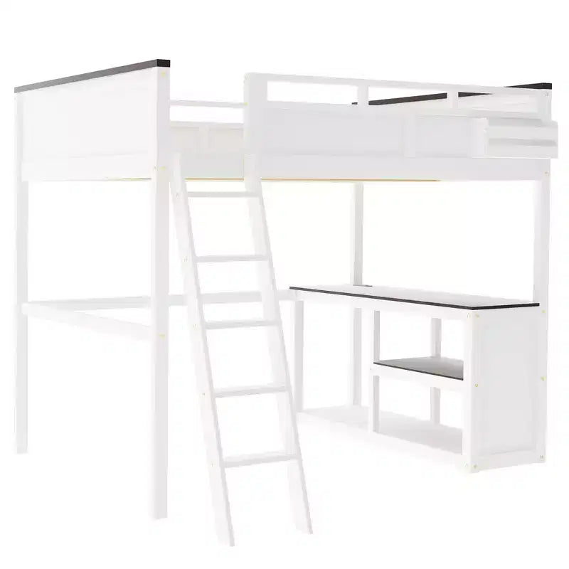 Lit mezzanine Queen Size avec bureau, étagère ouverte et boîte de rangement