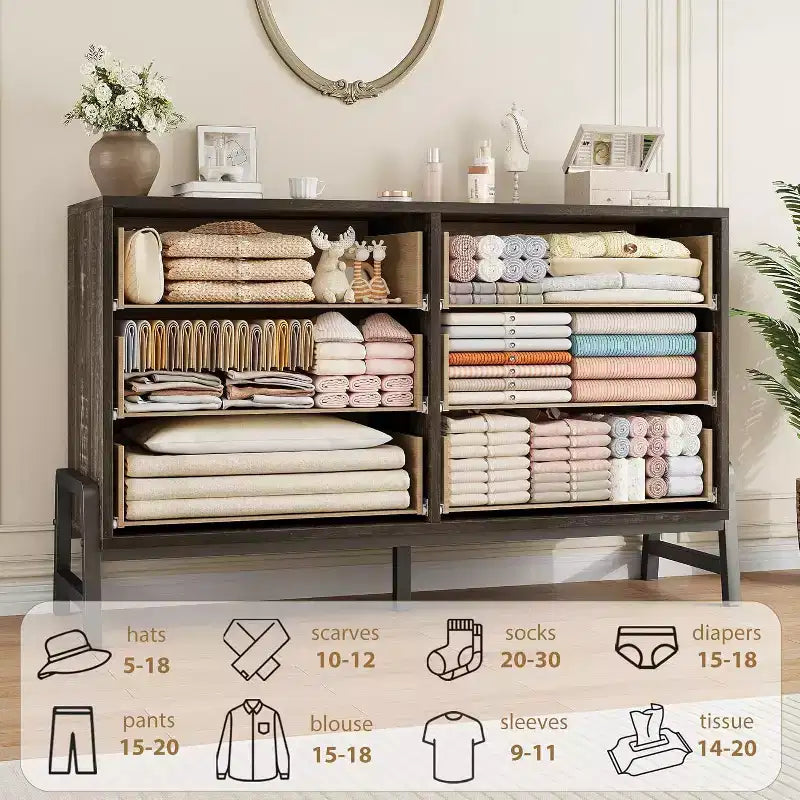 Commode large de 52 pouces, commode à 6 tiroirs pour chambre à coucher, armoire de rangement en bois