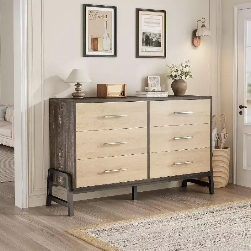 Commode large de 52 pouces, commode à 6 tiroirs pour chambre à coucher, armoire de rangement en bois
