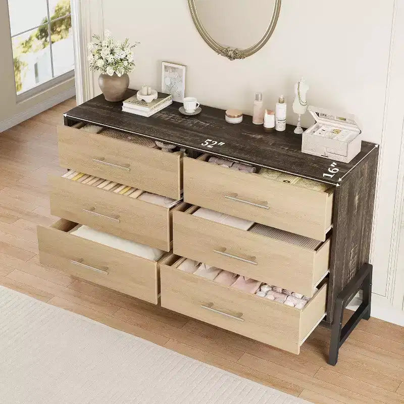 Commode large de 52 pouces, commode à 6 tiroirs pour chambre à coucher, armoire de rangement en bois
