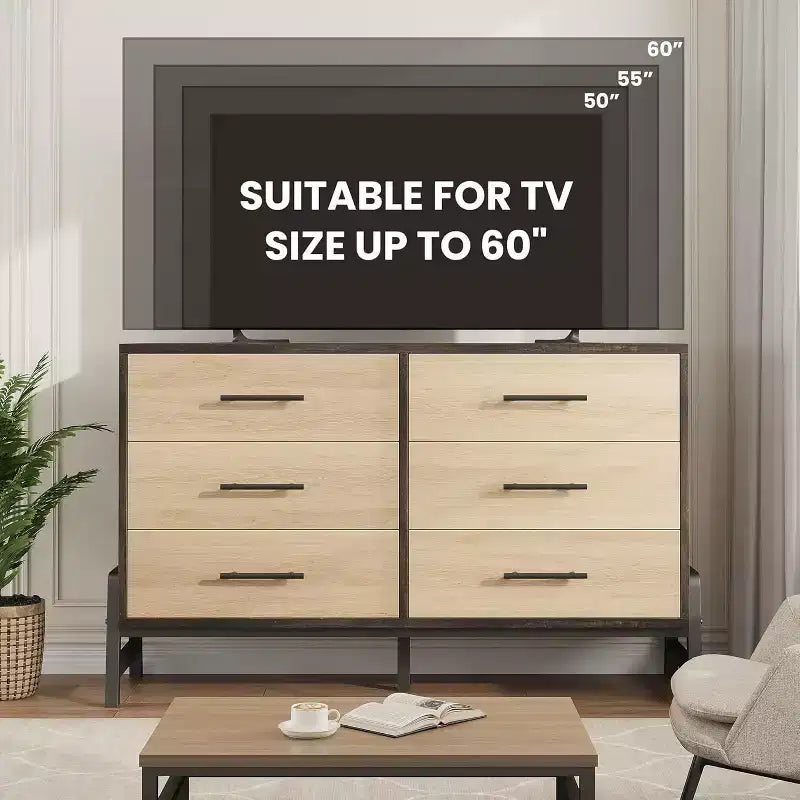Commode large de 52 pouces, commode à 6 tiroirs pour chambre à coucher, armoire de rangement en bois
