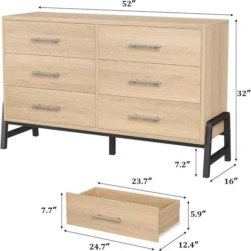 Commode large de 52 pouces, commode à 6 tiroirs pour chambre à coucher, armoire de rangement en bois
