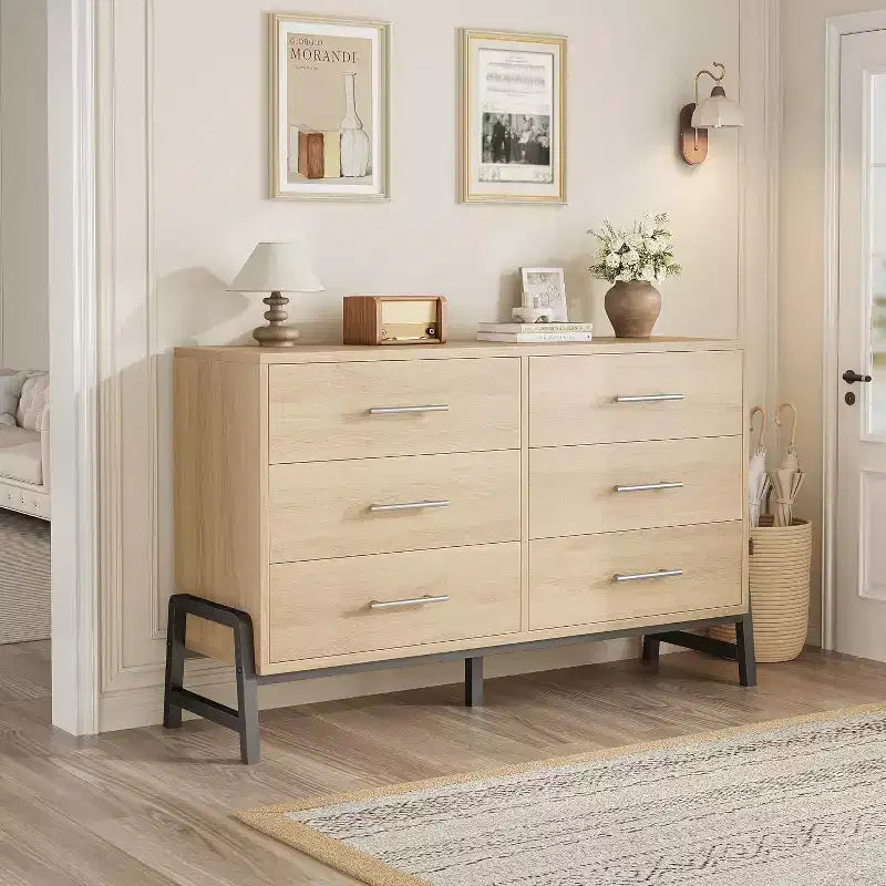 Commode large de 52 pouces, commode à 6 tiroirs pour chambre à coucher, armoire de rangement en bois