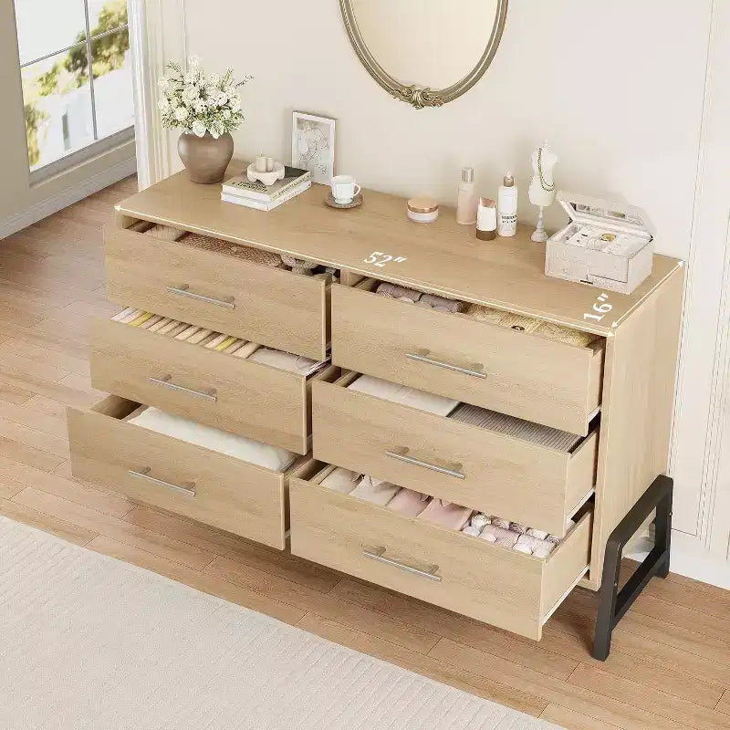 Commode large de 52 pouces, commode à 6 tiroirs pour chambre à coucher, armoire de rangement en bois