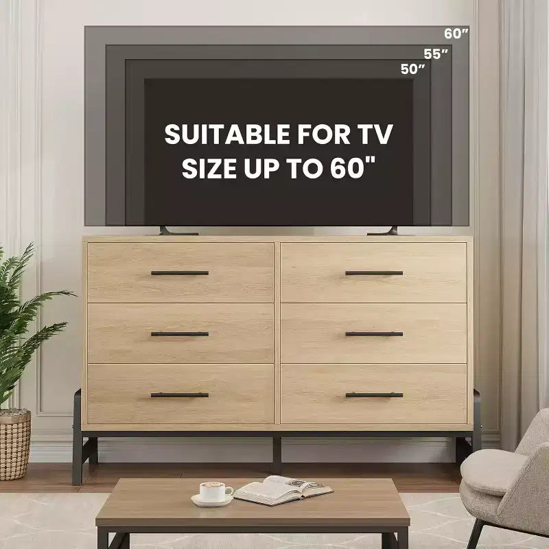Commode large de 52 pouces, commode à 6 tiroirs pour chambre à coucher, armoire de rangement en bois