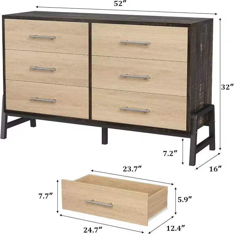 Commode large de 52 pouces, commode à 6 tiroirs pour chambre à coucher, armoire de rangement en bois