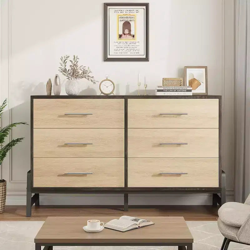 Commode large de 52 pouces, commode à 6 tiroirs pour chambre à coucher, armoire de rangement en bois