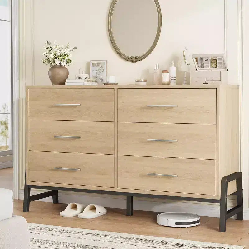GustoWave 6-Drawer Rattan Dresser with Charging Station, Storage Chest for Bedroom Living Room Hallway Bedside