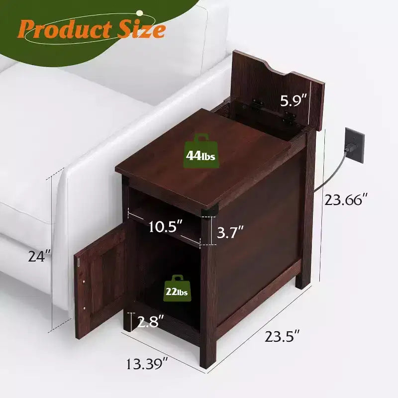 DEXYLLO Farmhouse End Table Set of 2 with Charging Station, Narrow Side Tables, USB & Outlets, Wood Nightstands with Storage