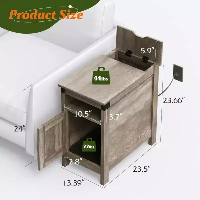 DEXYLLO Farmhouse End Table Set of 2 with Charging Station, Narrow Side Tables, USB & Outlets, Wood Nightstands with Storage