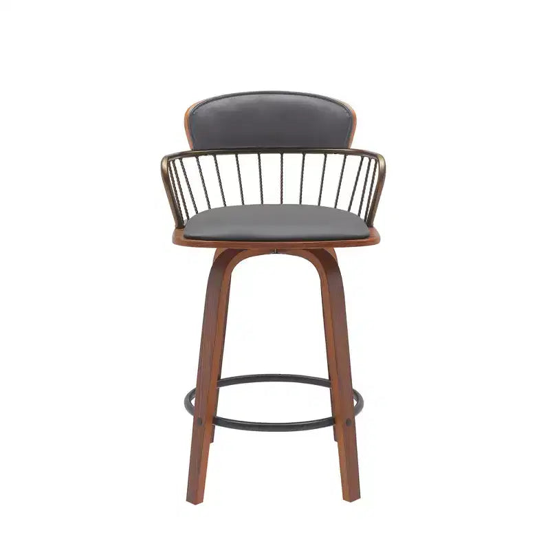 HomeRoots 26 Gray And Wood Brown Faux Leather Swivel Low Back Counter Height Bar Chair