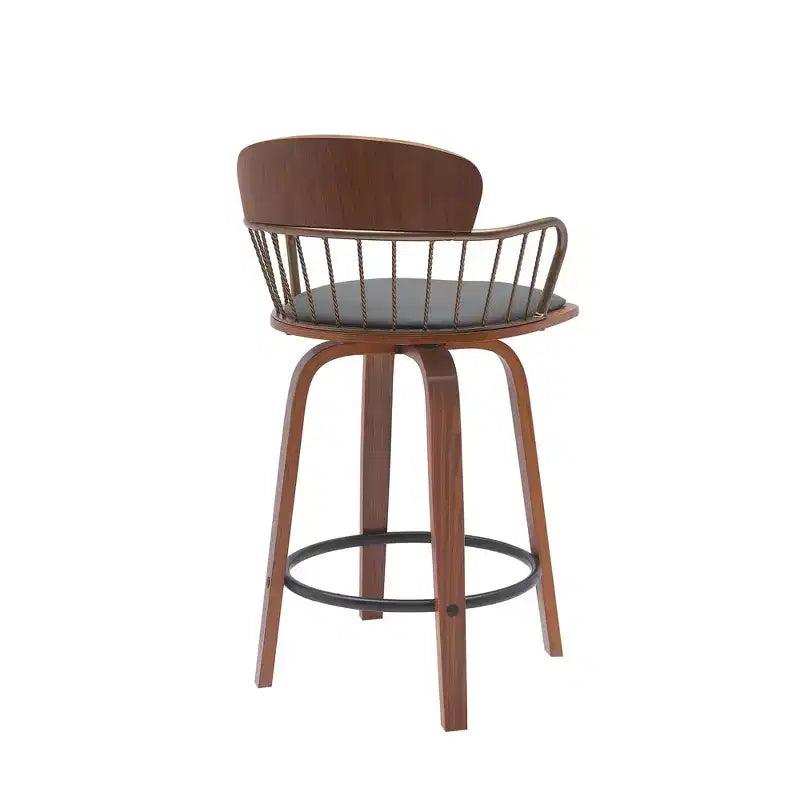 HomeRoots 26 Gray And Wood Brown Faux Leather Swivel Low Back Counter Height Bar Chair