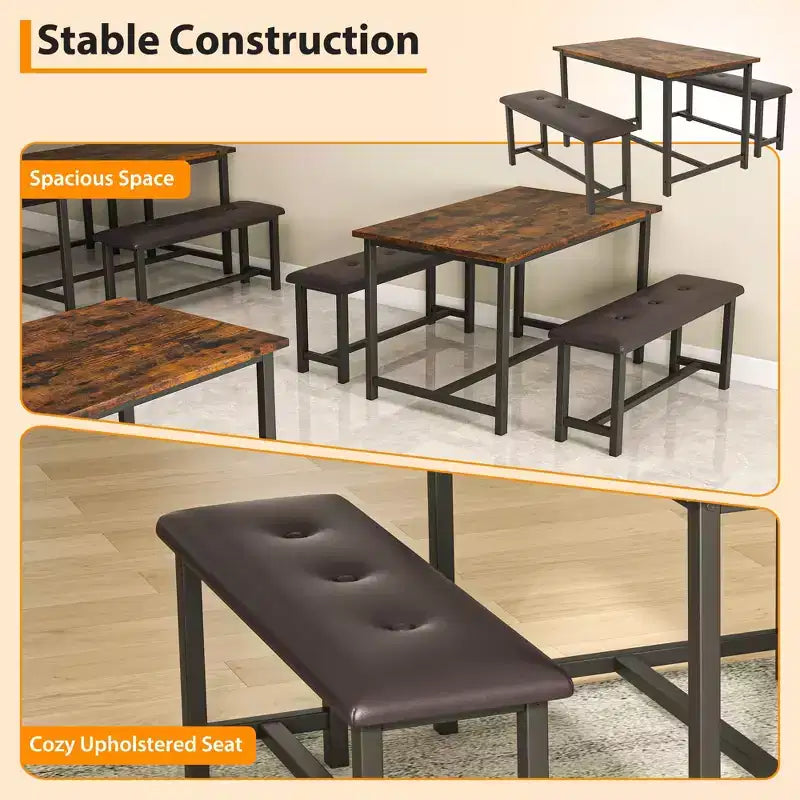 3 Piece Dining Room Table Set, with 2 Upholstered Benches