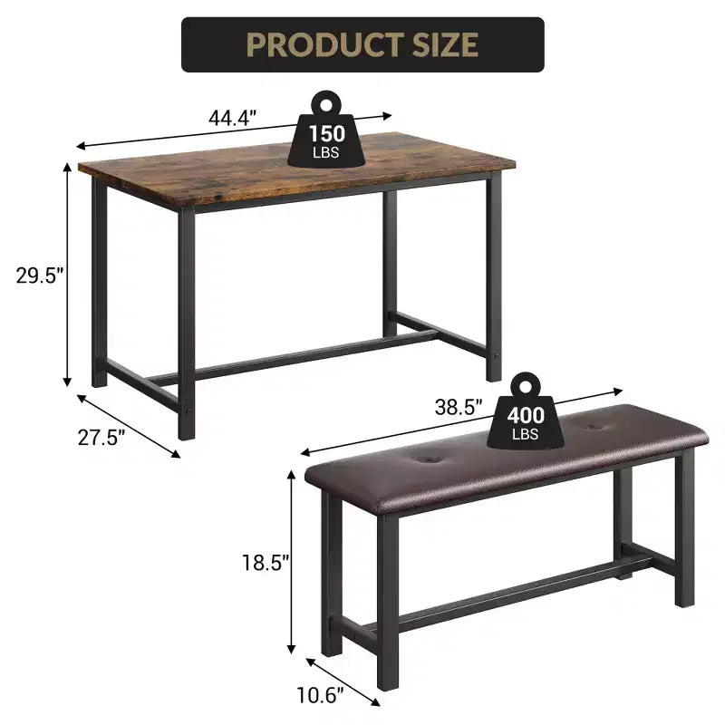 3 Piece Dining Room Table Set, with 2 Upholstered Benches