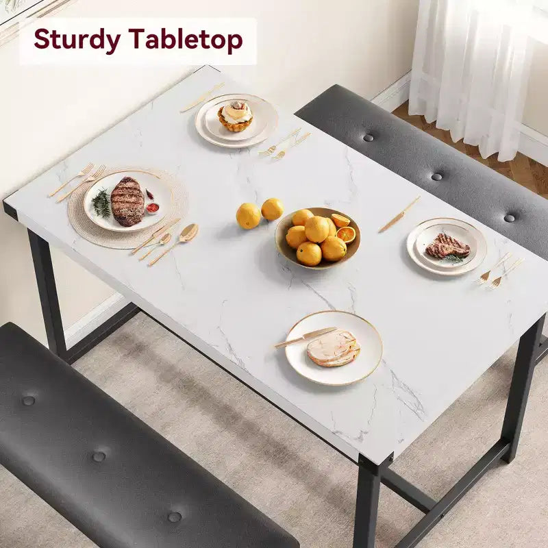 3 Piece Dining Room Table Set, with 2 Upholstered Benches