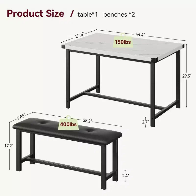 3 Piece Dining Room Table Set, with 2 Upholstered Benches