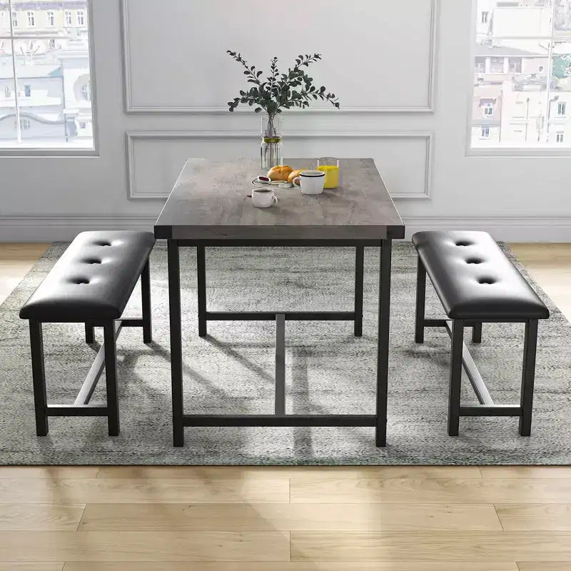 3 Piece Dining Room Table Set, with 2 Upholstered Benches