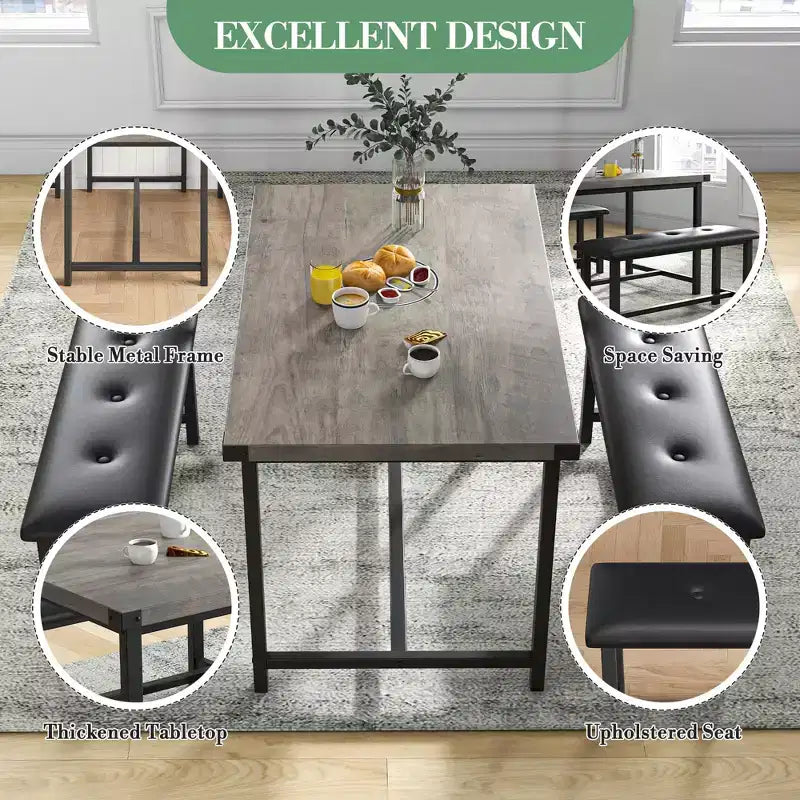 3 Piece Dining Room Table Set, with 2 Upholstered Benches
