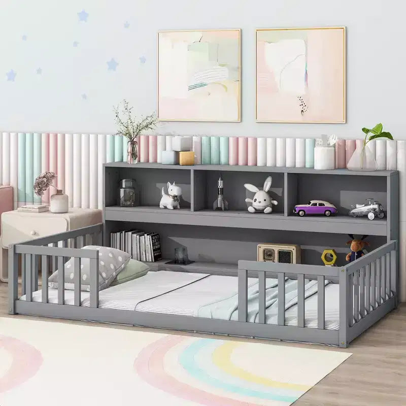 MAYEERTY Twin Floor Bed with Bookcase, Shelves, Guardrails, Gray