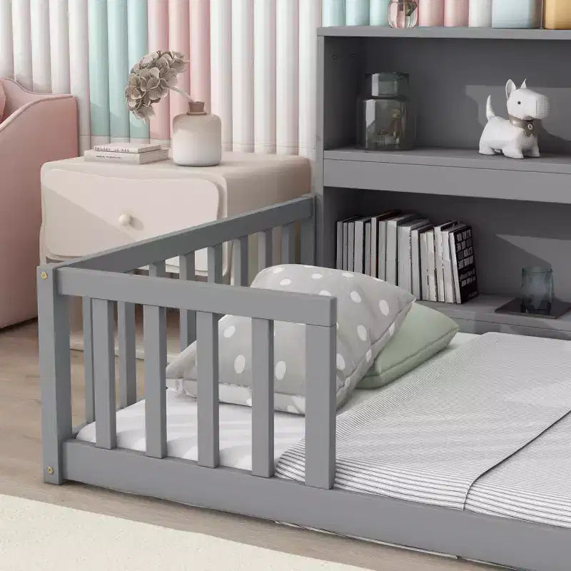 MAYEERTY Twin Floor Bed with Bookcase, Shelves, Guardrails, Gray