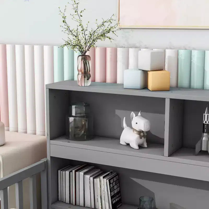MAYEERTY Twin Floor Bed with Bookcase, Shelves, Guardrails, Gray