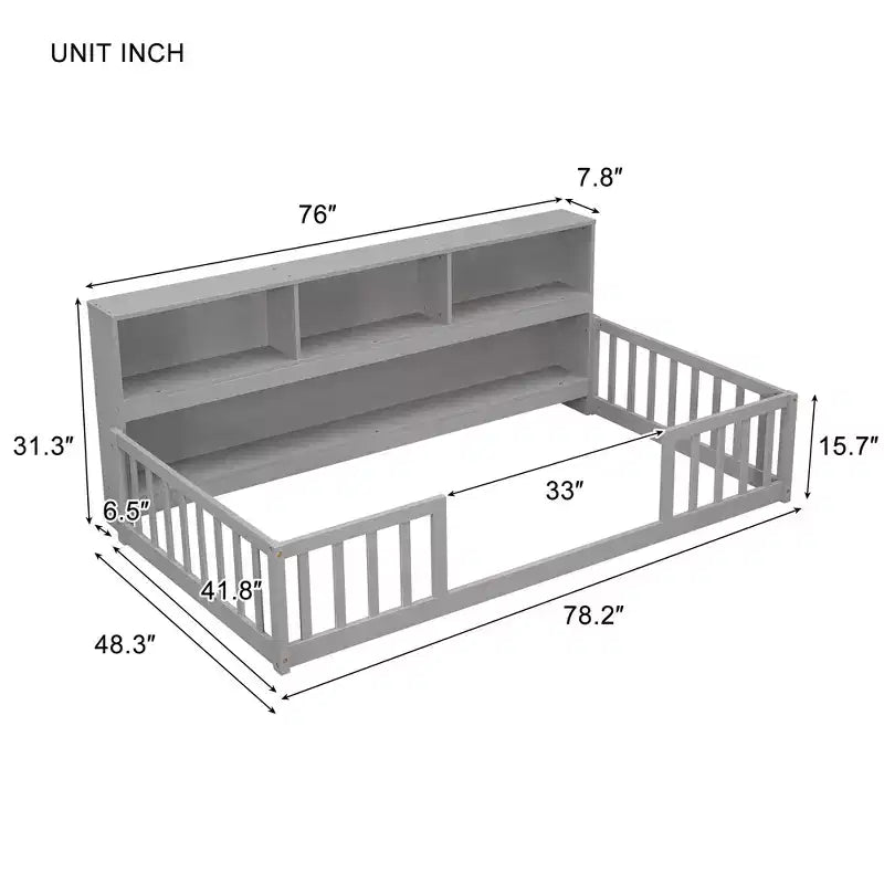 MAYEERTY Twin Floor Bed with Bookcase, Shelves, Guardrails, Gray