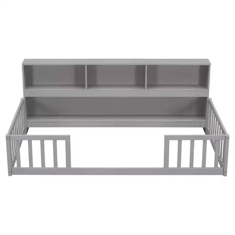 MAYEERTY Twin Floor Bed with Bookcase, Shelves, Guardrails, Gray