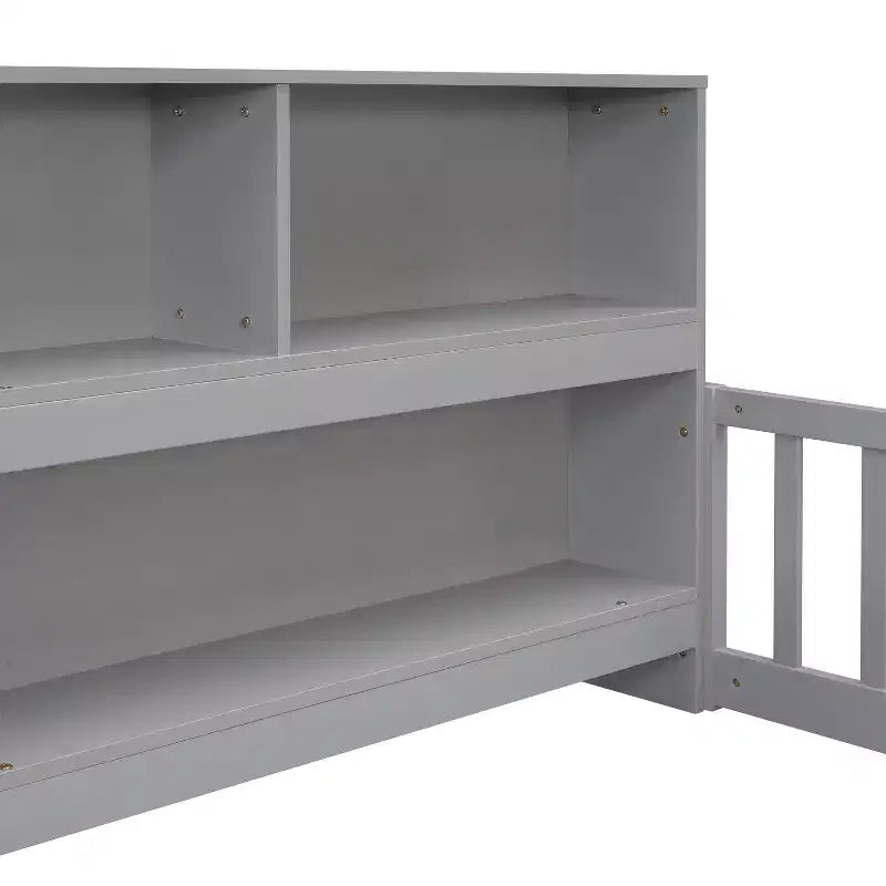 MAYEERTY Twin Floor Bed with Bookcase, Shelves, Guardrails, Gray
