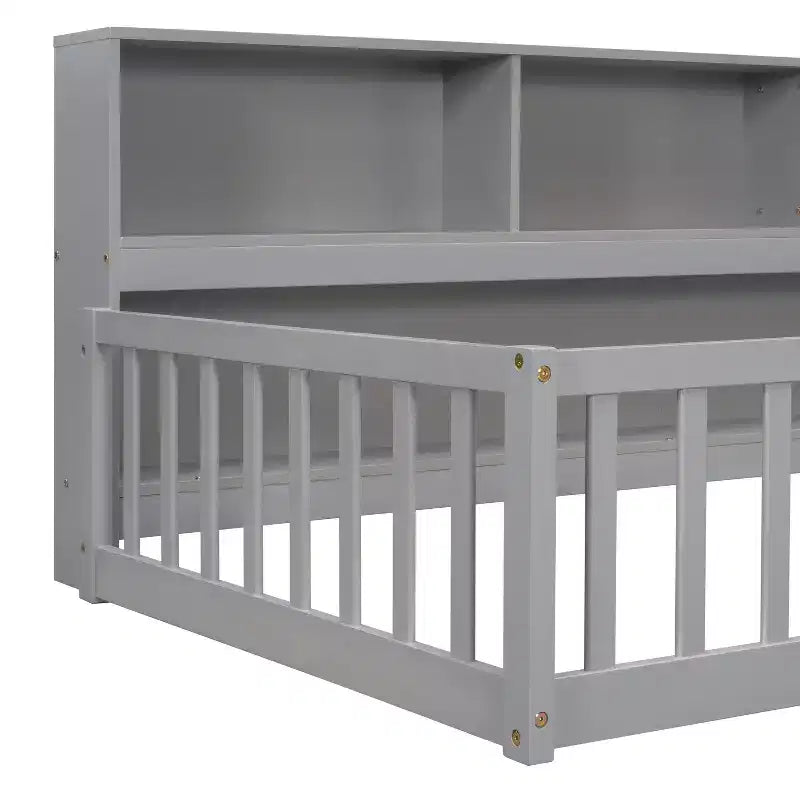 MAYEERTY Twin Floor Bed with Bookcase, Shelves, Guardrails, Gray