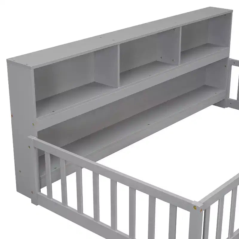 MAYEERTY Twin Floor Bed with Bookcase, Shelves, Guardrails, Gray
