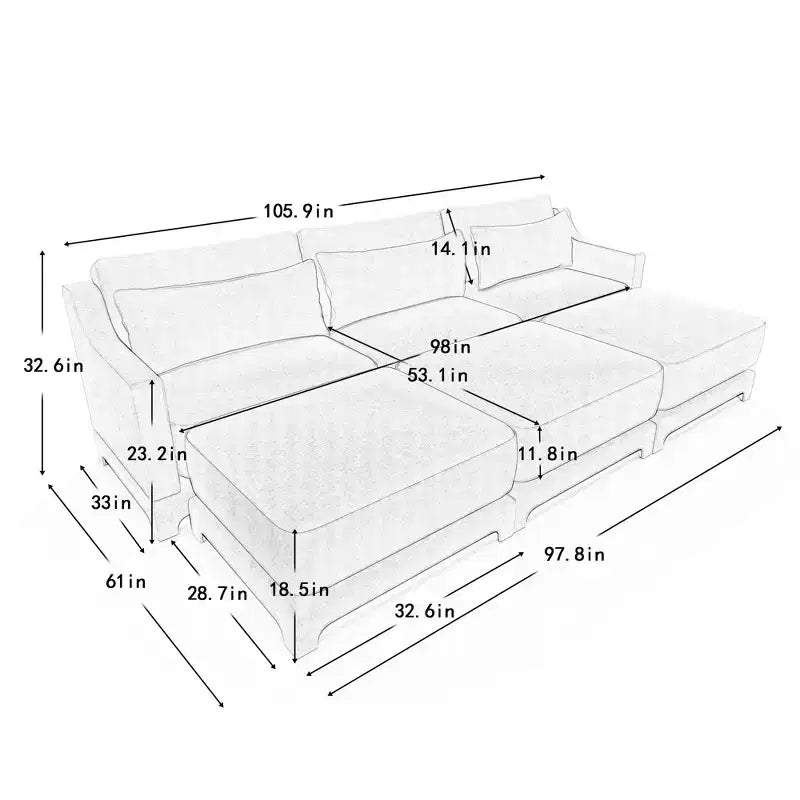 3-Seater Chenille Fabric Beige Sofa with 3 Movable Ottomans and Lumbar Pillow High Quality Wooden Base High Resilience Sponge