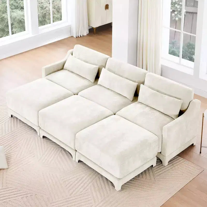 3-Seater Chenille Fabric Beige Sofa with 3 Movable Ottomans and Lumbar Pillow High Quality Wooden Base High Resilience Sponge