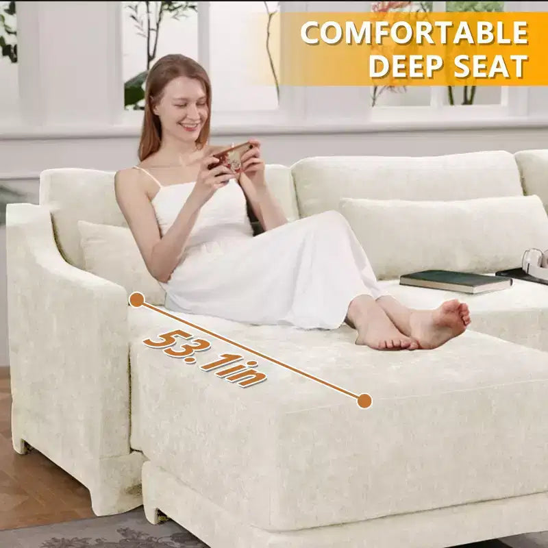 3-Seater Chenille Fabric Beige Sofa with 3 Movable Ottomans and Lumbar Pillow High Quality Wooden Base High Resilience Sponge
