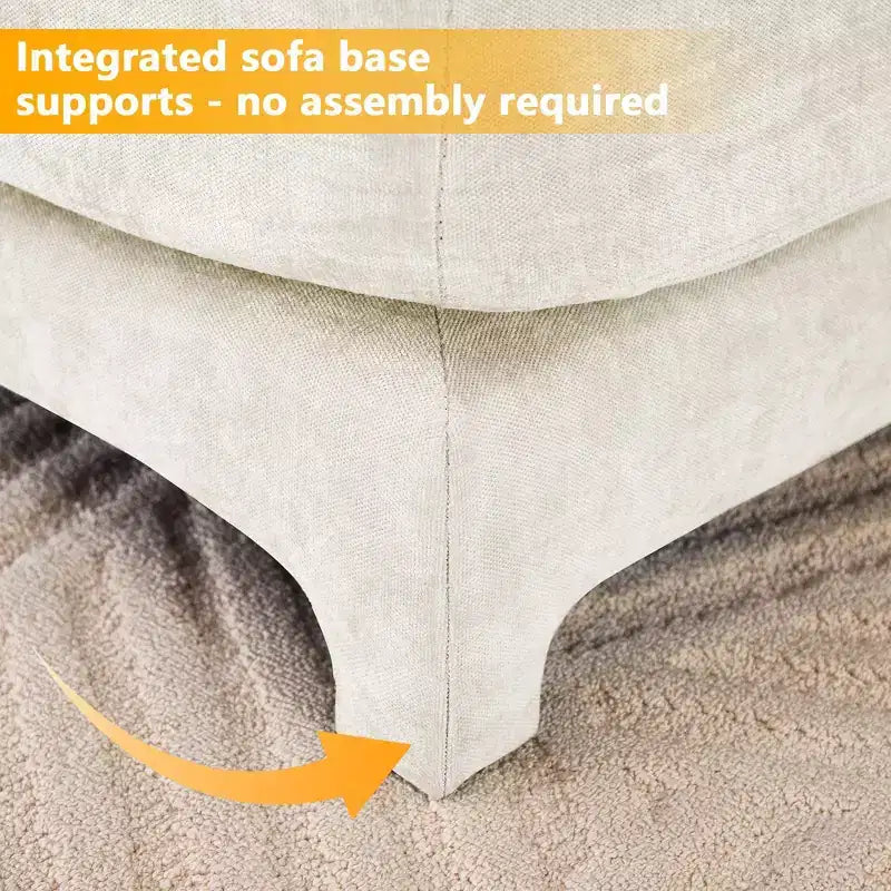 3-Seater Chenille Fabric Beige Sofa with 3 Movable Ottomans and Lumbar Pillow High Quality Wooden Base High Resilience Sponge