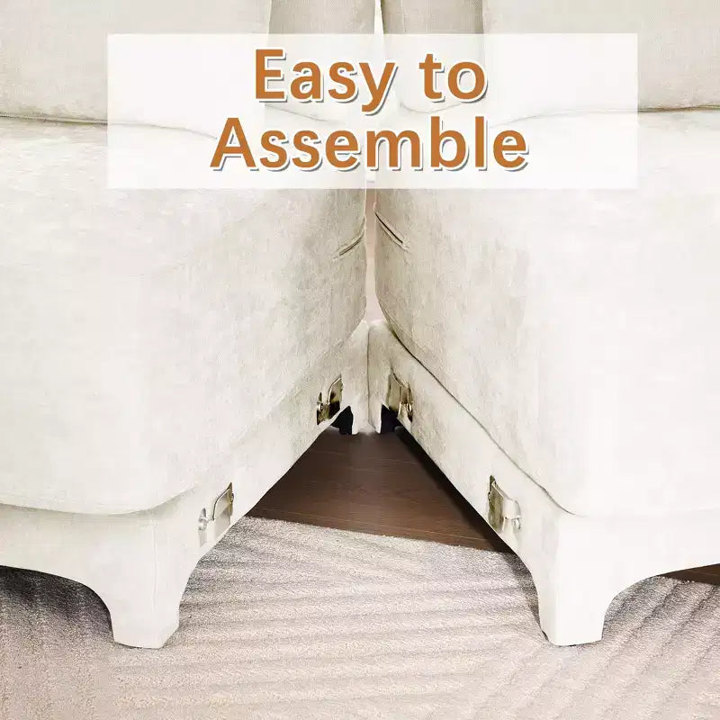 3-Seater Chenille Fabric Beige Sofa with 3 Movable Ottomans and Lumbar Pillow High Quality Wooden Base High Resilience Sponge