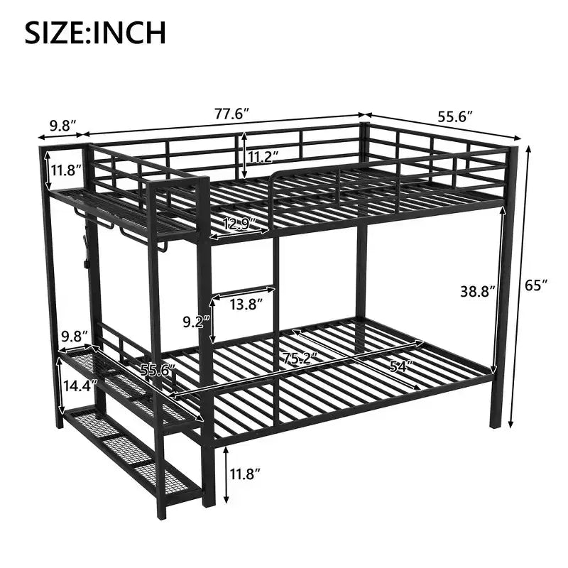 Whisen Full Size Metal Bunk Bed with LED Light Strips (7 Colors), Open Storage Shelves & Hooks