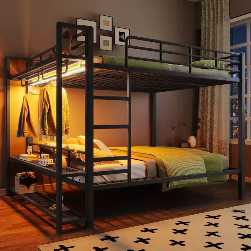Whisen Full Size Metal Bunk Bed with LED Light Strips (7 Colors), Open Storage Shelves & Hooks