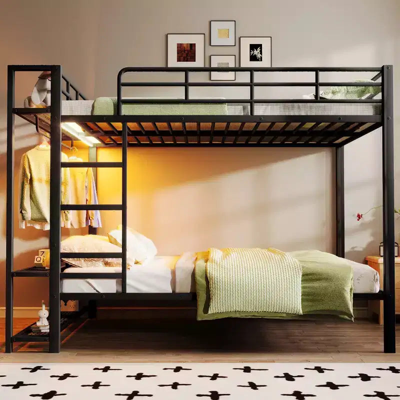 Whisen Full Size Metal Bunk Bed with LED Light Strips (7 Colors), Open Storage Shelves & Hooks