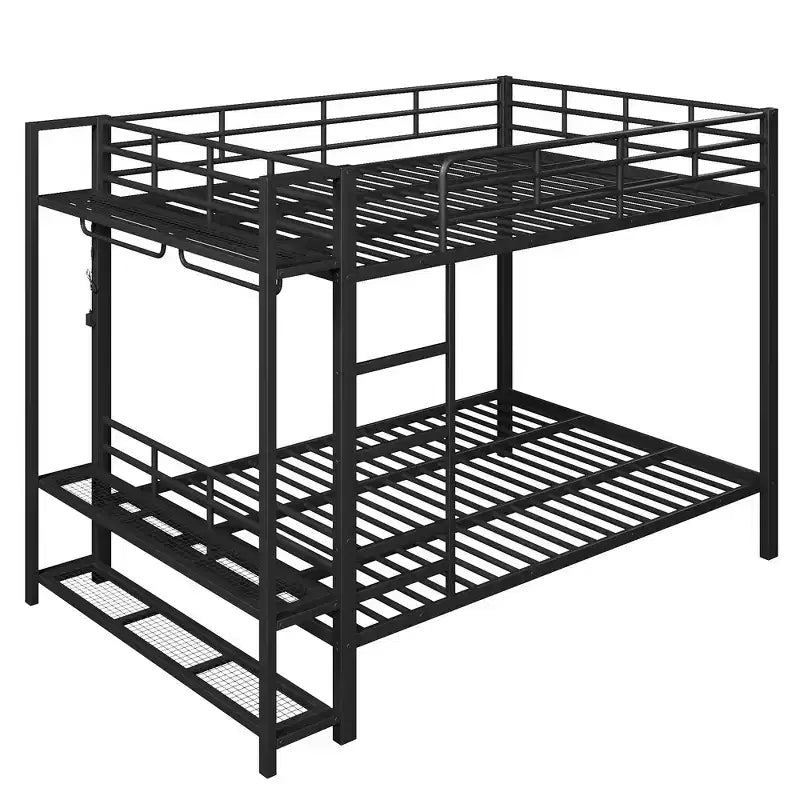 Whisen Full Size Metal Bunk Bed with LED Light Strips (7 Colors), Open Storage Shelves & Hooks